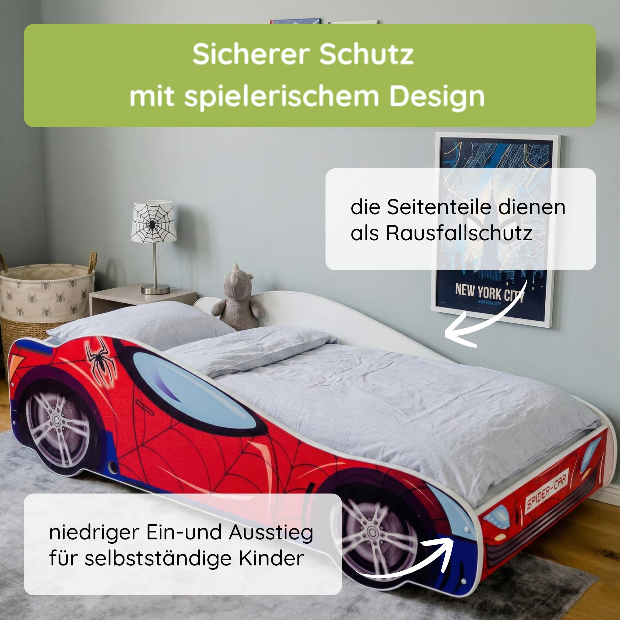 Kids Collective Autobett Kinderbett Jugendbett 70x140 | 80x160 mit Rausfallschutz & Matratze | Kinder Spielbett Rennfahrer