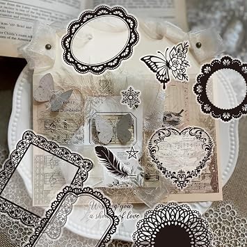130 Pcs Vintage Black White Lace Scrapbook Stickers - Classic Butterfly Feather Heart Embellishments for DIY Journal Wedding Photo Album Craft Decor, Fade-Resistant Waterproof Reusable