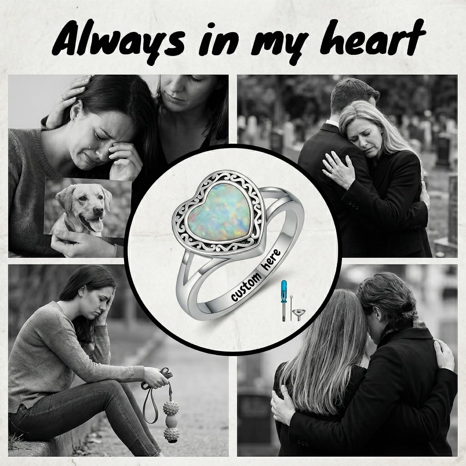 Personalized Heart Cremation Ring for Ashes 925 Sterling Silver Urn Keepsake Rings Memorial Jewelry for Women-Custom Name and Different Heart Stones