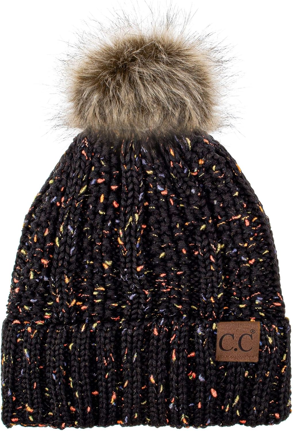 C.C Exclusives Fuzzy Lined Knit Fur Pom Beanie Hat (YJ-820)