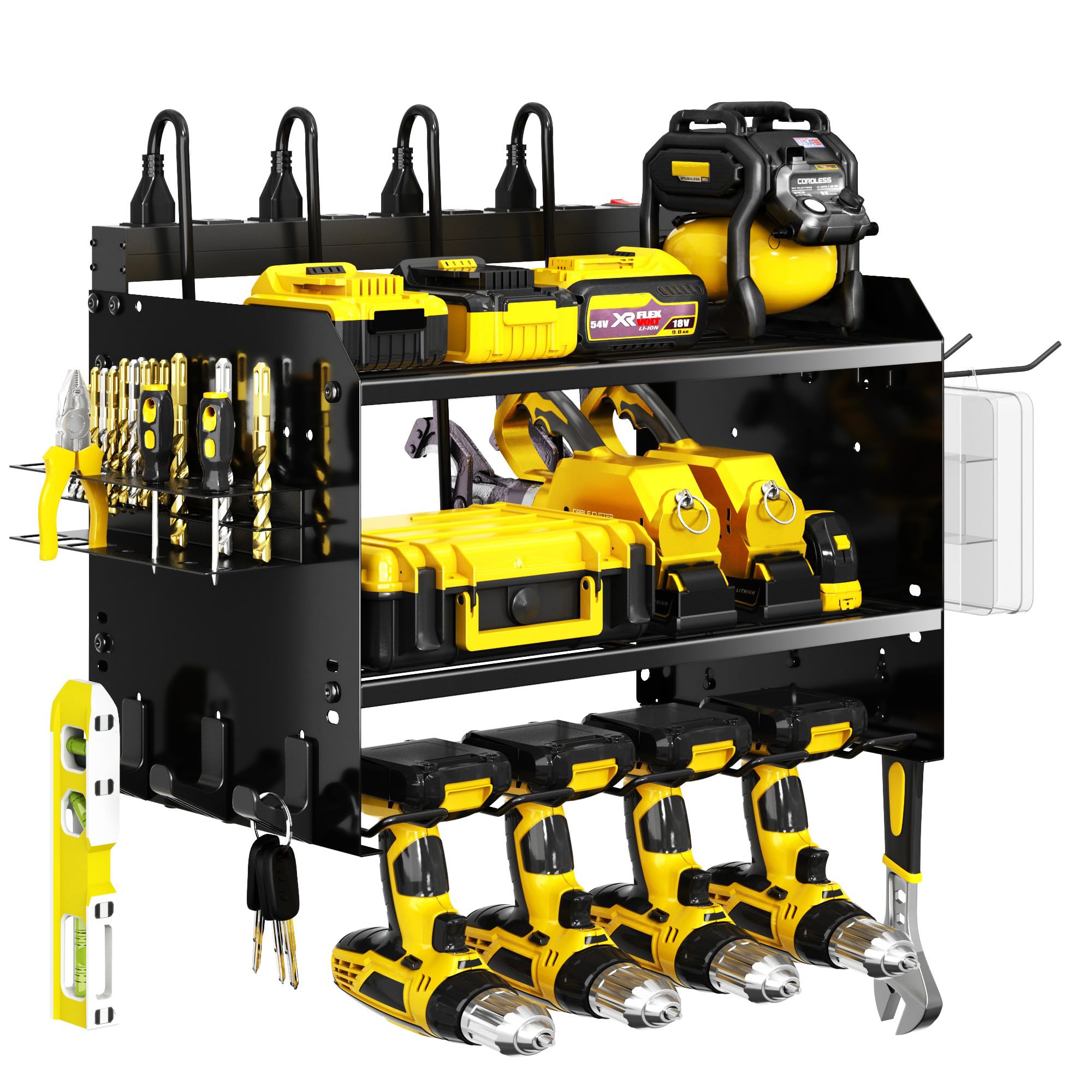 Support mural large pour outils électriques avec station de charge, 3 couches réglables et robustes avec multiprise à 8 prises pour outils sans fil, support utilitaire adapté pour garage (noir