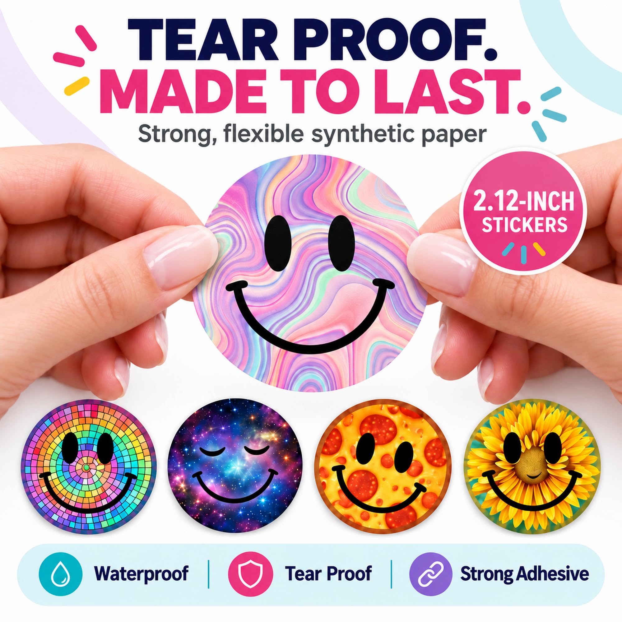 Lot de 50 autocollants en forme de visage souriant pour enfants, 5,3 cm, imperméables et mignons pour ordinateurs portables, récompenses de classe, cadeaux de fête, fournitures pour enseignants