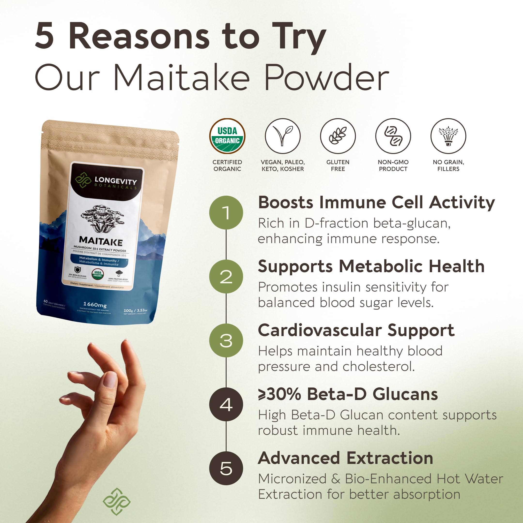 Longevity Botanicals Organic Maitake Mushroom Powder Supplement Extract 100g | Grifola Frondosa Fruiting Body | ≥30% Beta-D-Glucans | 60 Servings of 1,660mg | Supports Daily Wellness — Amazon image 3