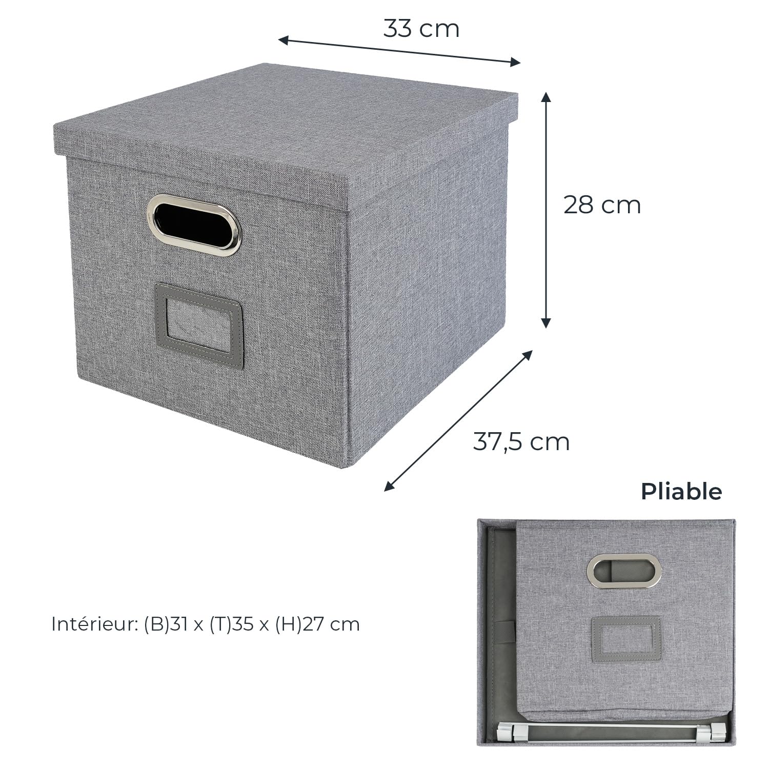 HMF Boîte de rangement avec couvercle pour dossiers suspendus DIN A4 | boite dossier suspendu | convient pour Kallax | 33 x 37,5 x 28 cm | Gris