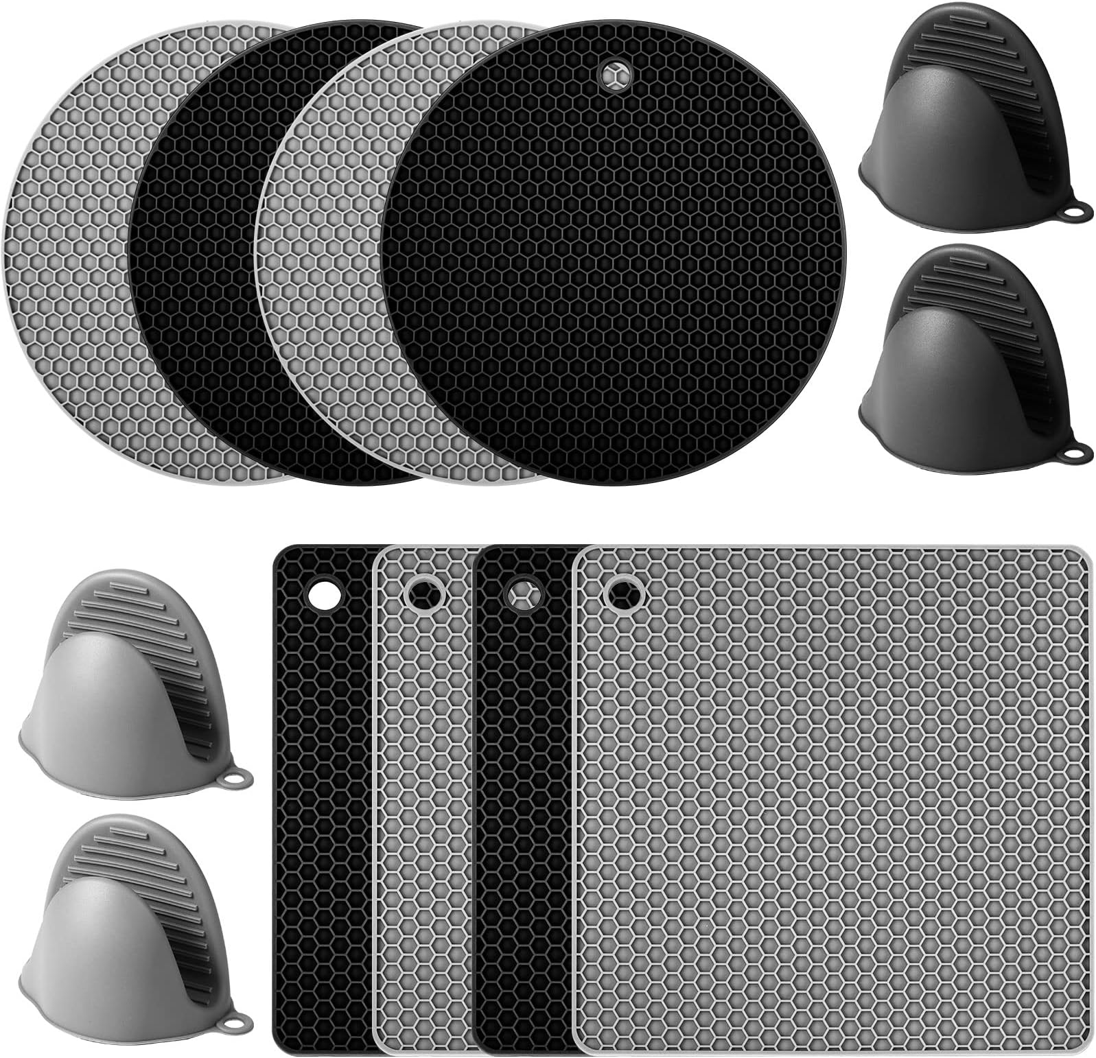 - Remagr 12 Pack Silicone Trivet Mats Hot Pads with Silicone Oven Mitts Non Slip Pot Holders Heat Resistant Trivet Pads Cooking for Kitchen Counter Table Placemats (Black, Gray)