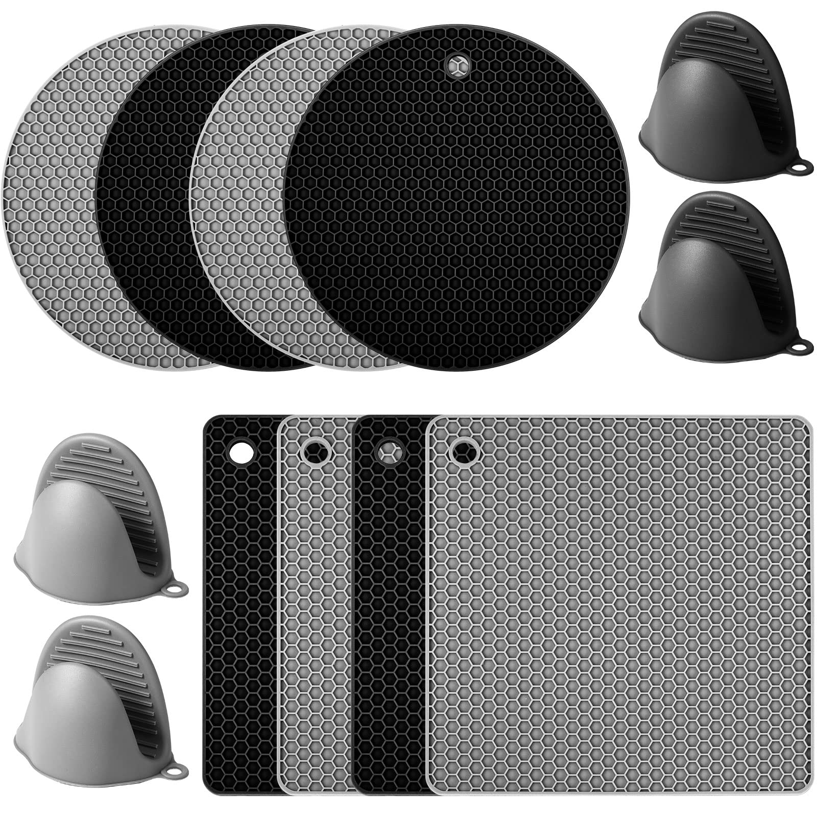 12 Pack Silicone Trivet Mats Hot Pads with Silicone Oven Mitts Non Slip Pot Holders Heat Resistant Trivet Pads Cooking for Kitchen Counter Table Placemats (Black, Gray)