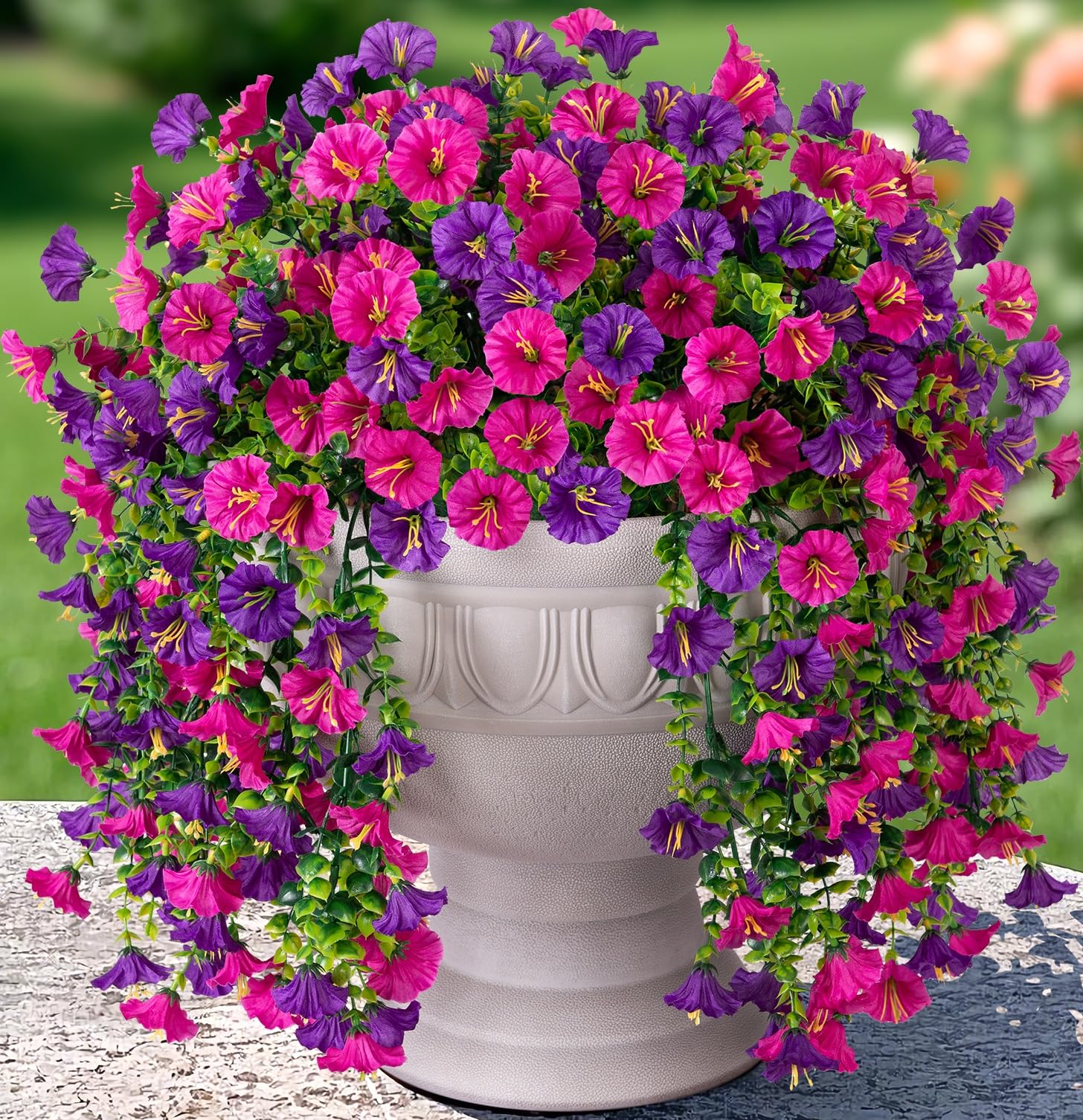 2 PCS Artificial Faux Hanging Flowers Plants for Outdoor Decor,Fake Silk Morning Glory with Eucalyptus UV Resistant Realistic Vines for Wall Home