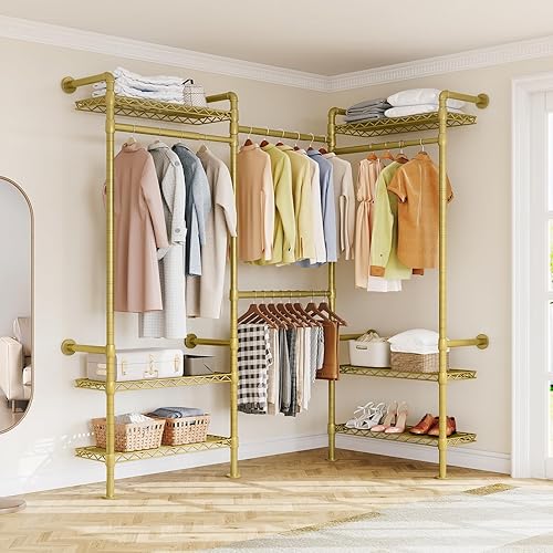 Miniatura 10 de L3 - Sistema de organizador de armario industrial de tuberías, perchero de pared con 4 varillas telescópicas y 6 estantes, sistema de armario Negro