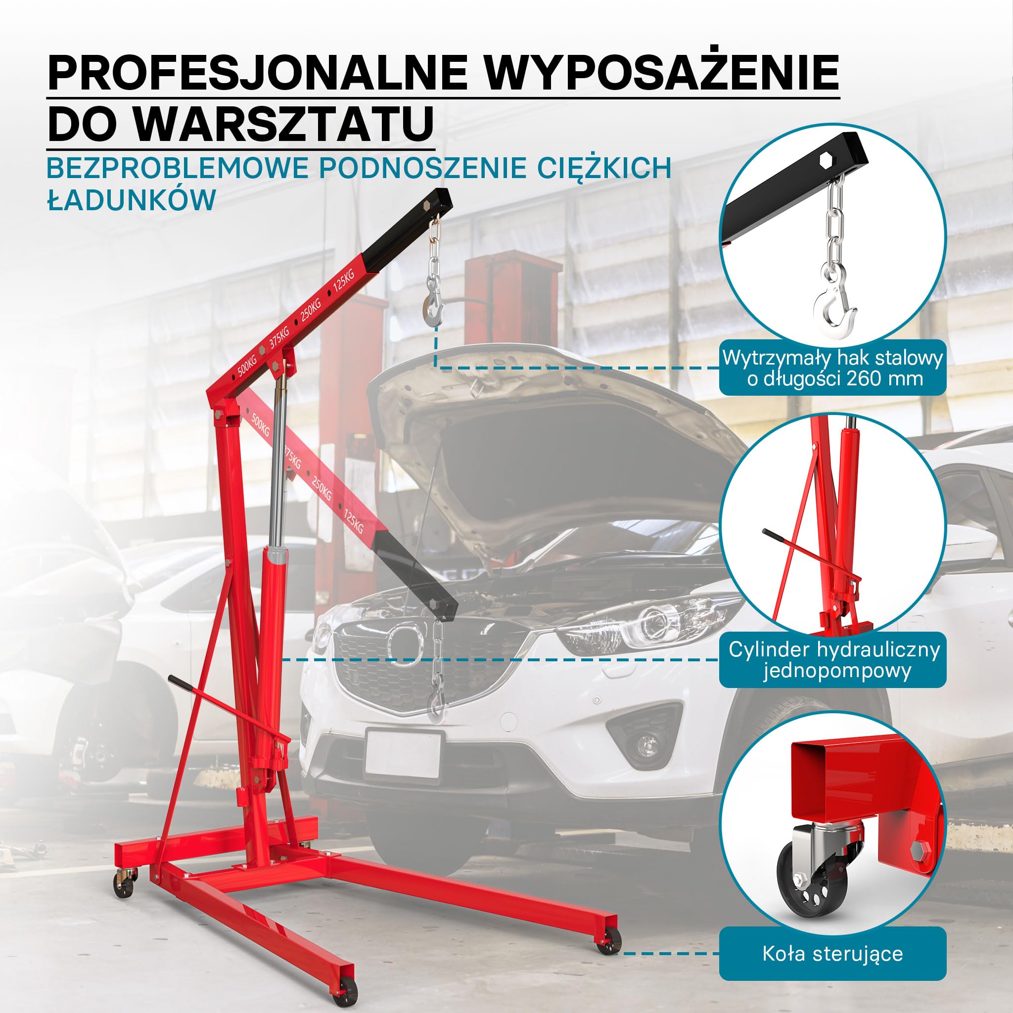Wiltec Podnośnik hydrauliczny warsztatowy 500 kg z regulowanym wysięgnikiem 830-1280 mm, stabilna konstrukcja, załadunek pojazdów i prace przemysłowe