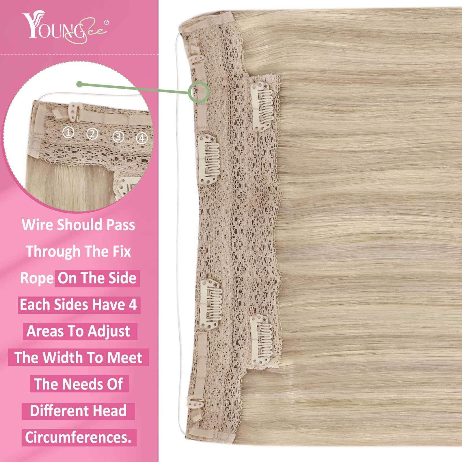 YoungSee 18 Inch Wire Hair Extensions Real Human Hair Blonde Hair Extensions Wire with Clips Adjustable Fit One Piece Hair Extension Dirty Blonde Highlights Bleach Blonde Trying New Styles 85g — view 4