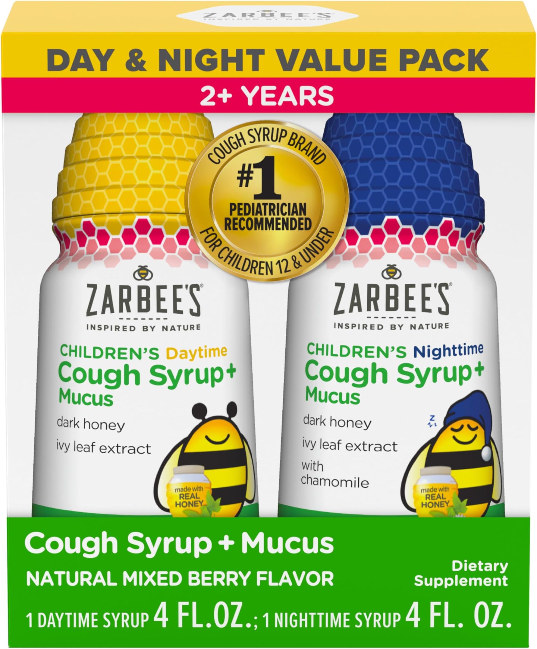 Zarbee's Kids Cough + Mucus Day/Night Value Pack for Children 2-6 with Dark Honey, Ivy Leaf, Zinc & Elderberry, 1 Pediatrician Recommended, Drug & Alcohol-Free, Mixed Berry Flavor, 2x4FL Oz