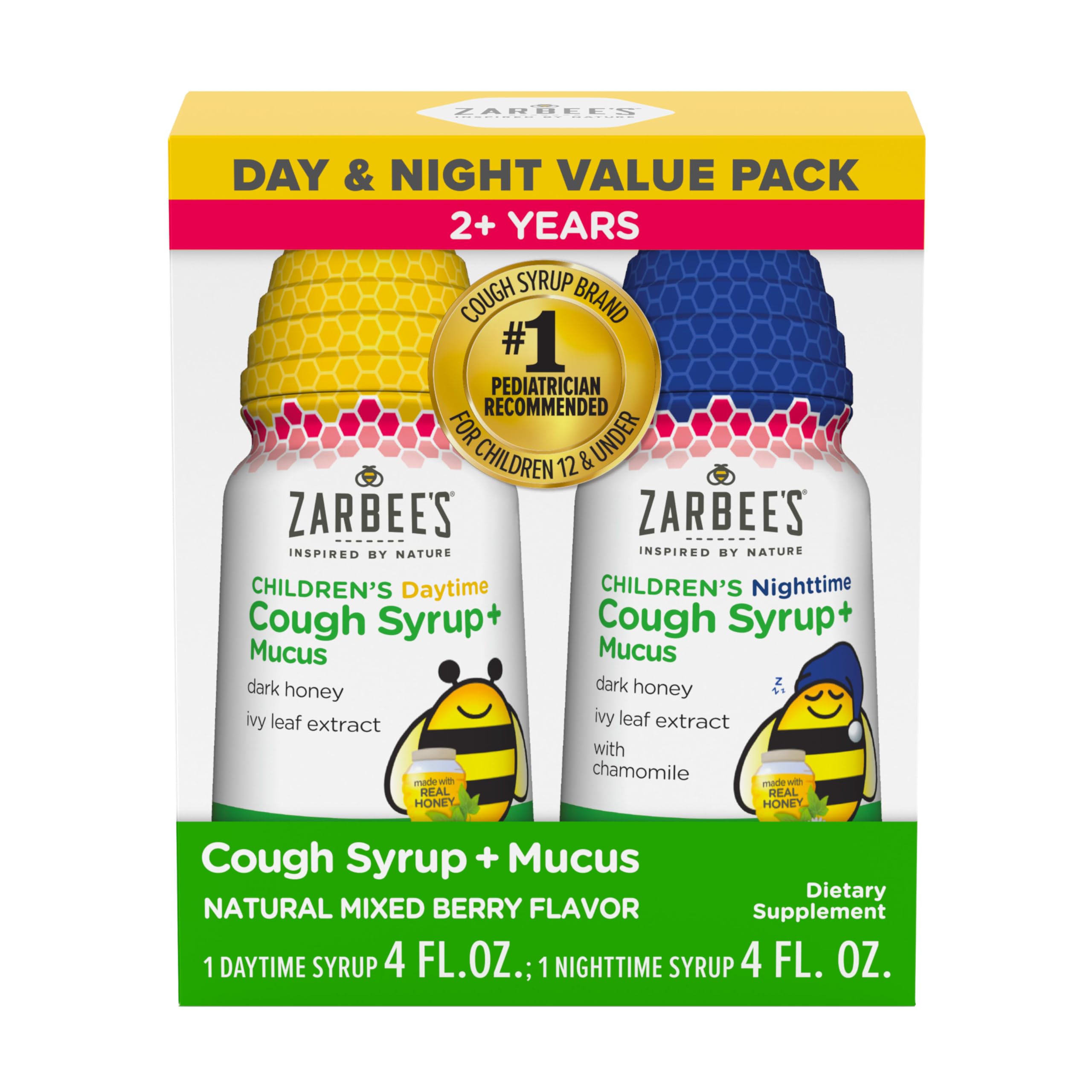 Zarbee's Children’s Honey Cough Syrup + Mucus Day & Night Value Pack, Daytime & Nighttime Toddler Cough Syrup, Dark Honey, Ivy Leaf Extract, Chamomile, Mixed Berry Flavor, 2X 4 Fl Oz