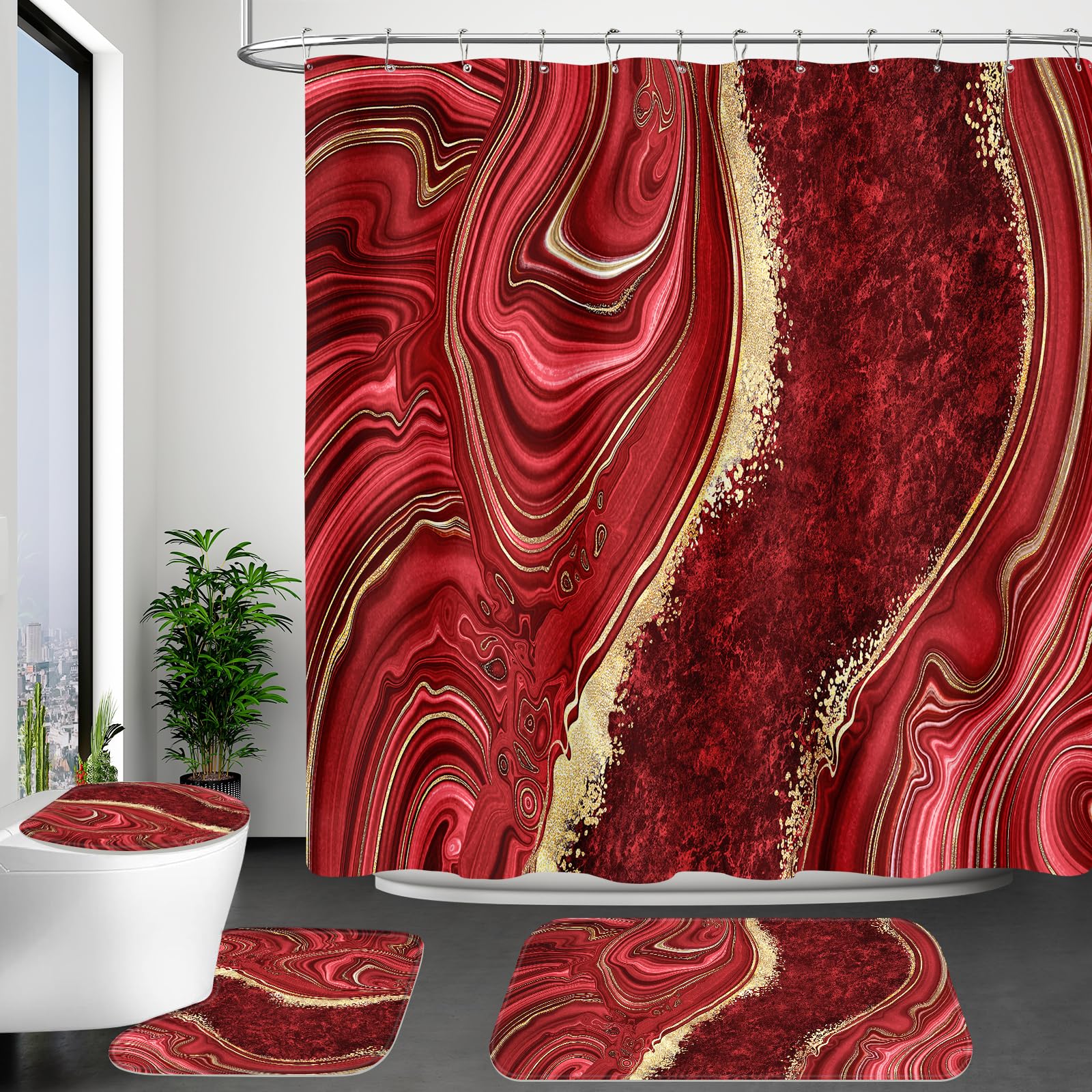 Juego de 4 cortinas de ducha de mármol rojo con alfombras, juegos de baño abstractos con cortina de ducha y alfombras, juego de cortinas de baño modernas con tapa de inodoro, accesorios para