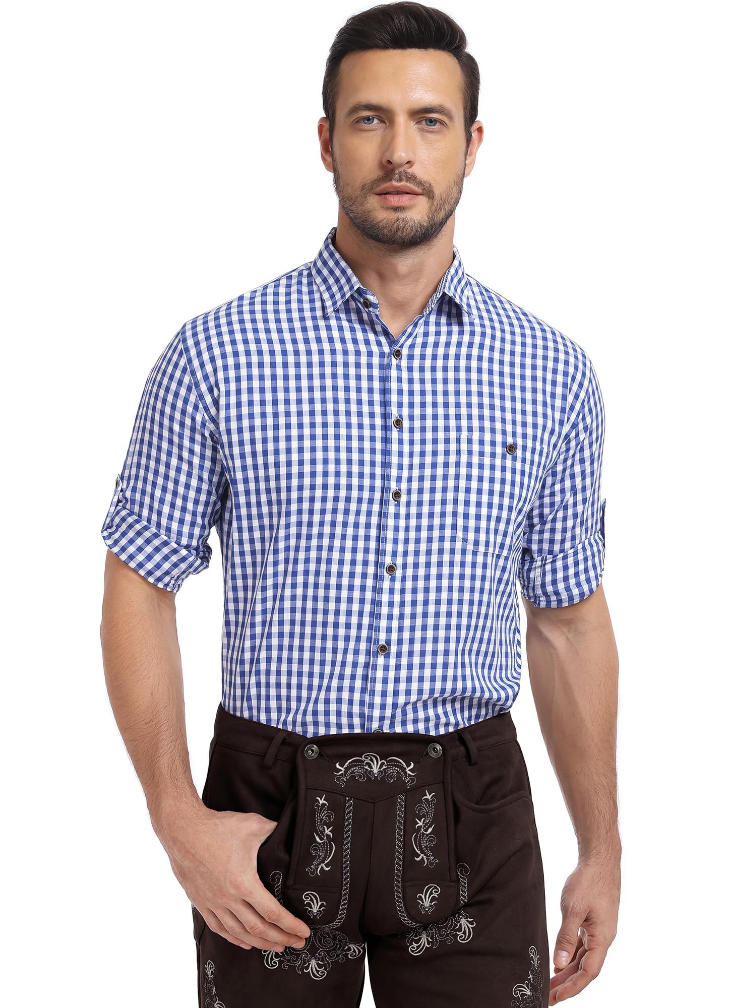 KOSMEEU Trachtenhemd Herren Oktoberfest Hemd Outfit Tracht Kariertes Hemd Grün Blau Rot Trachtenhemden Kurzarm Freizeithemd Langarm Karohemd Baumwolle