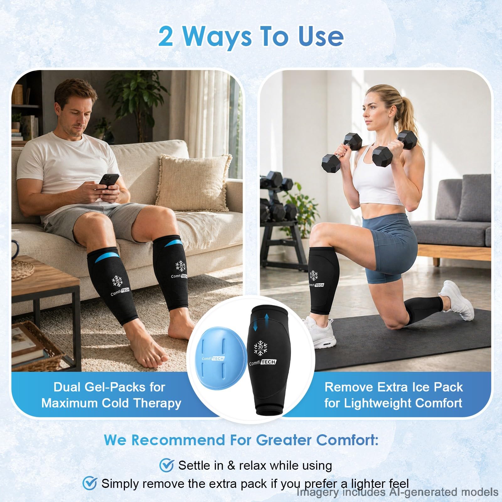 ComfiTECH Compresse Glace Double Gel Tibia, 30 Min Froid, L, 2 pcs