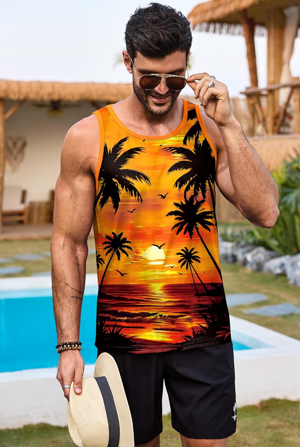 Mens Graphic Tank and Shorts 2 Piece Set Beach Summer Casual Outfit (S-XXL)