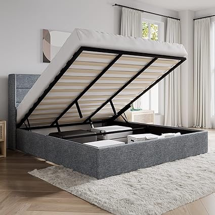 SHA CERLIN King Size Lift Up Storage Bed/Modern Wingback Headboard/Upholstered Platform Bed Frame/Hydraulic Storage/No Box Spring Needed/Wood Slats Support/Grey Blue