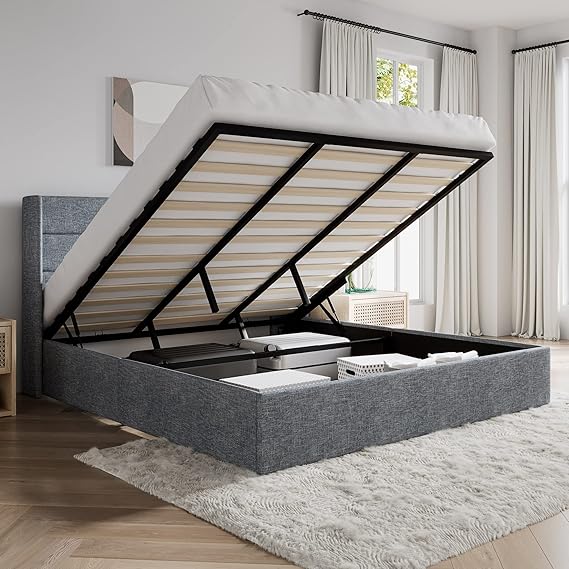 SHA CERLIN King Size Lift Up Storage Bed/Modern Wingback Headboard/Upholstered Platform Bed Frame/Hydraulic Storage/No Box Spring Needed/Wood Slats Support/Grey Blue