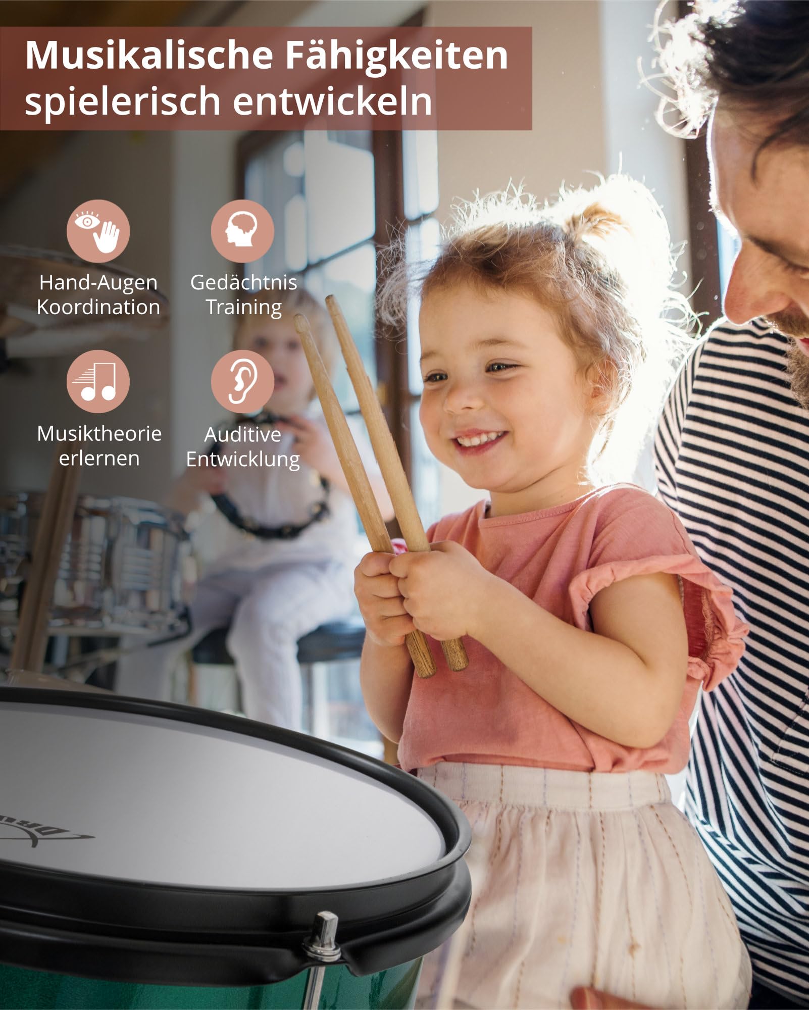 XDrum Junior Pro Kinder Schlagzeug Emerald Green Sparkle - geeignet von 5-9 Jahren - Drumset mit komplettem Zubehör - inkl. Schule - Grün