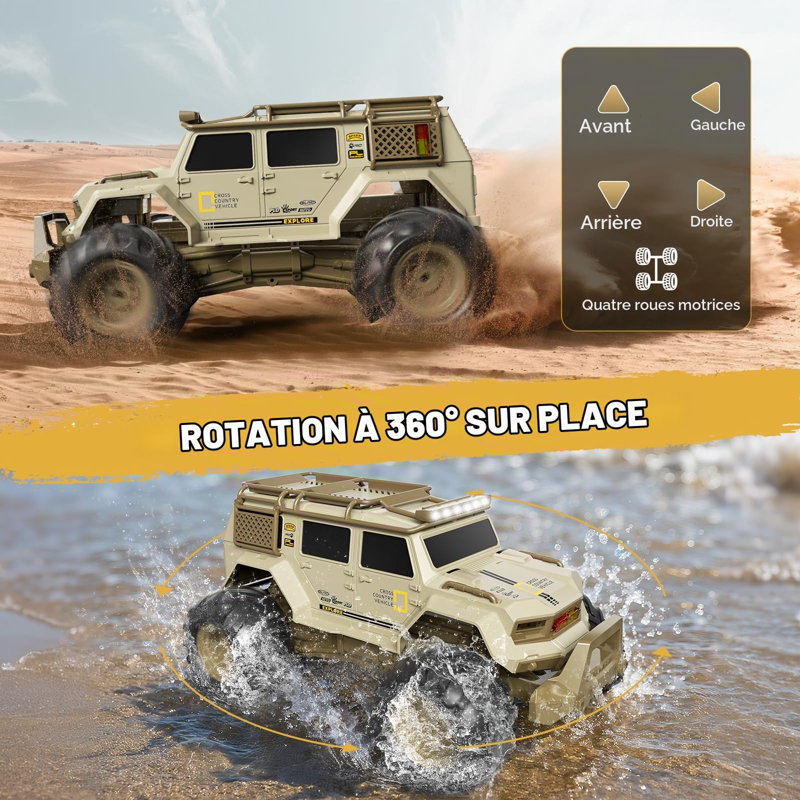 1:14 Voiture Télécommandée, 2.4GHz Voitures Telecommandé Enfant, avec Lumières LED, 360°Rotation, Voiture RC Tout Terrain pour Garçon et Homme (Kaki)