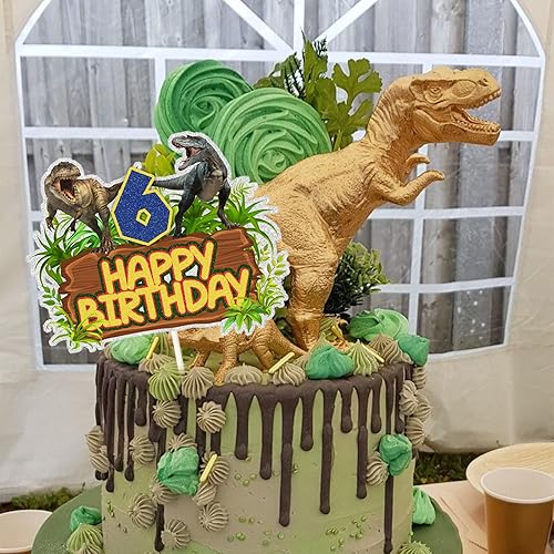 Miniatura 4 de ChienMin Decoración para pastel de cumpleaños de 6 años, dinosaurio jurásico de la selva de dinosaurio, decoración de fiesta de cumpleaños de 6