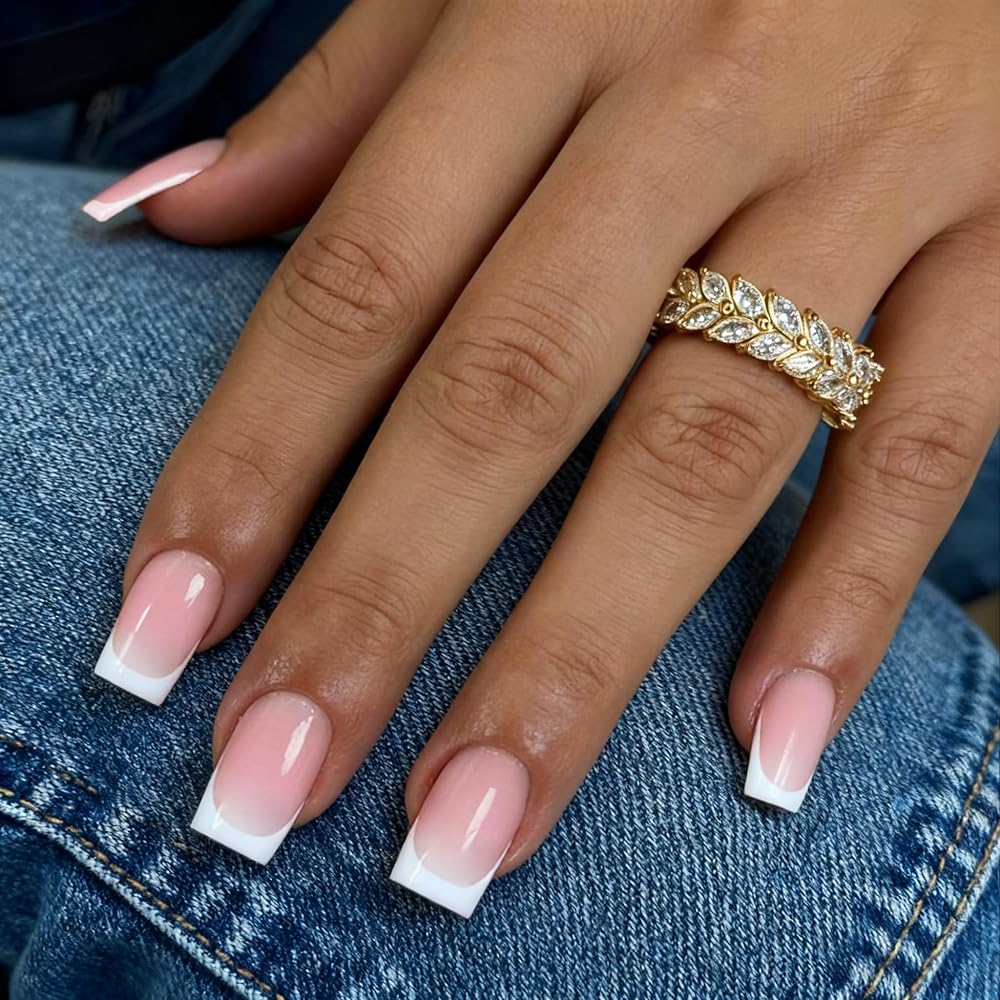 White French Tip Press on Nails Medium Short Square Nails Press ons French Tip Glue on Nails for Women DIY Acrylic French Nails Short Gel Nails, Natural Thick French Fake Nails 30Pcs 15 Sizes