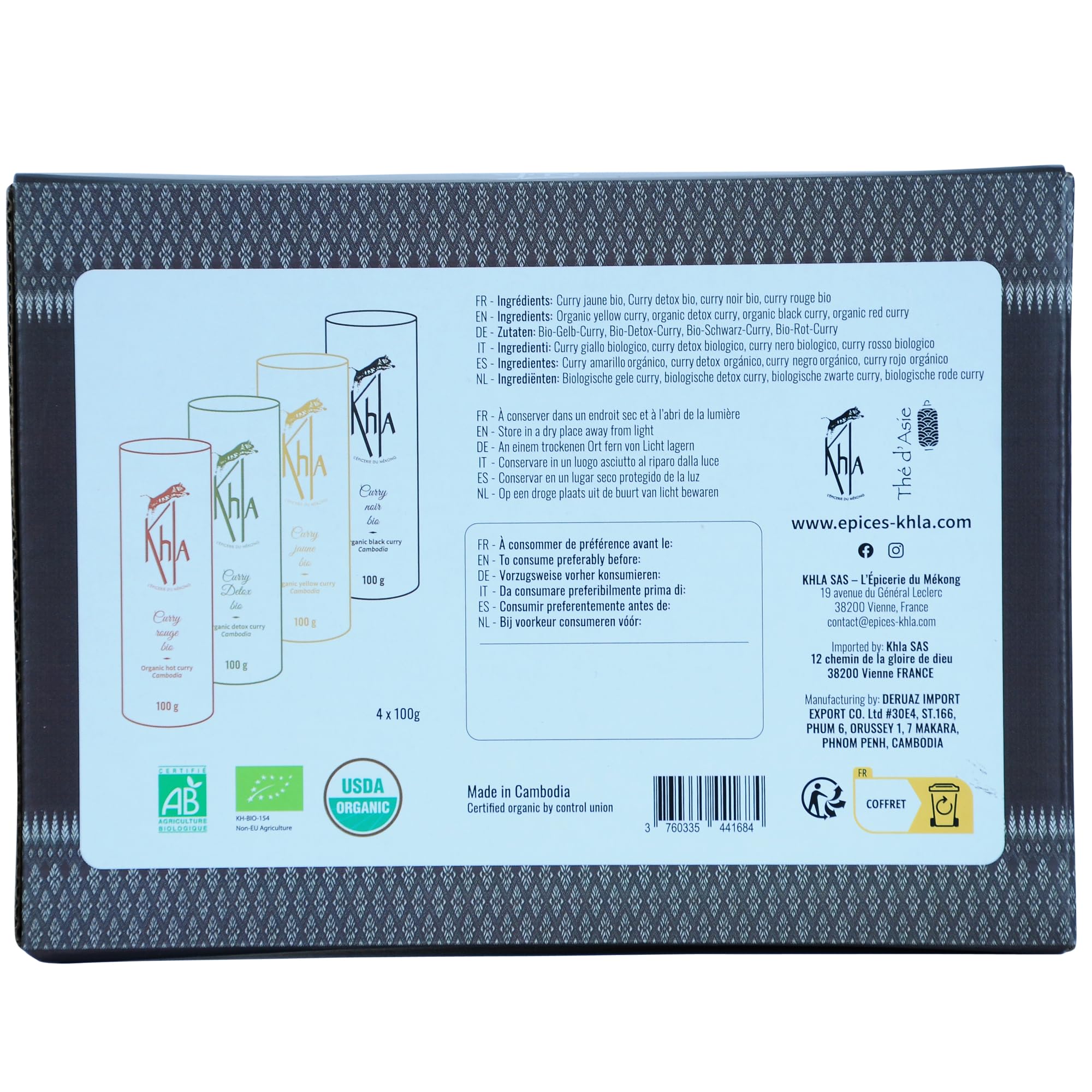 Khla - Coffret 4 Currys Bio - Curry Jaune, Curry Noir, Curry Rouge & Curry Vert Détox - Tubes Poudre 4x 100 g - Coffret Idée Cadeau - Mélanges Exclusifs Cuisine - Épice d’Asie - Origine Cambodge