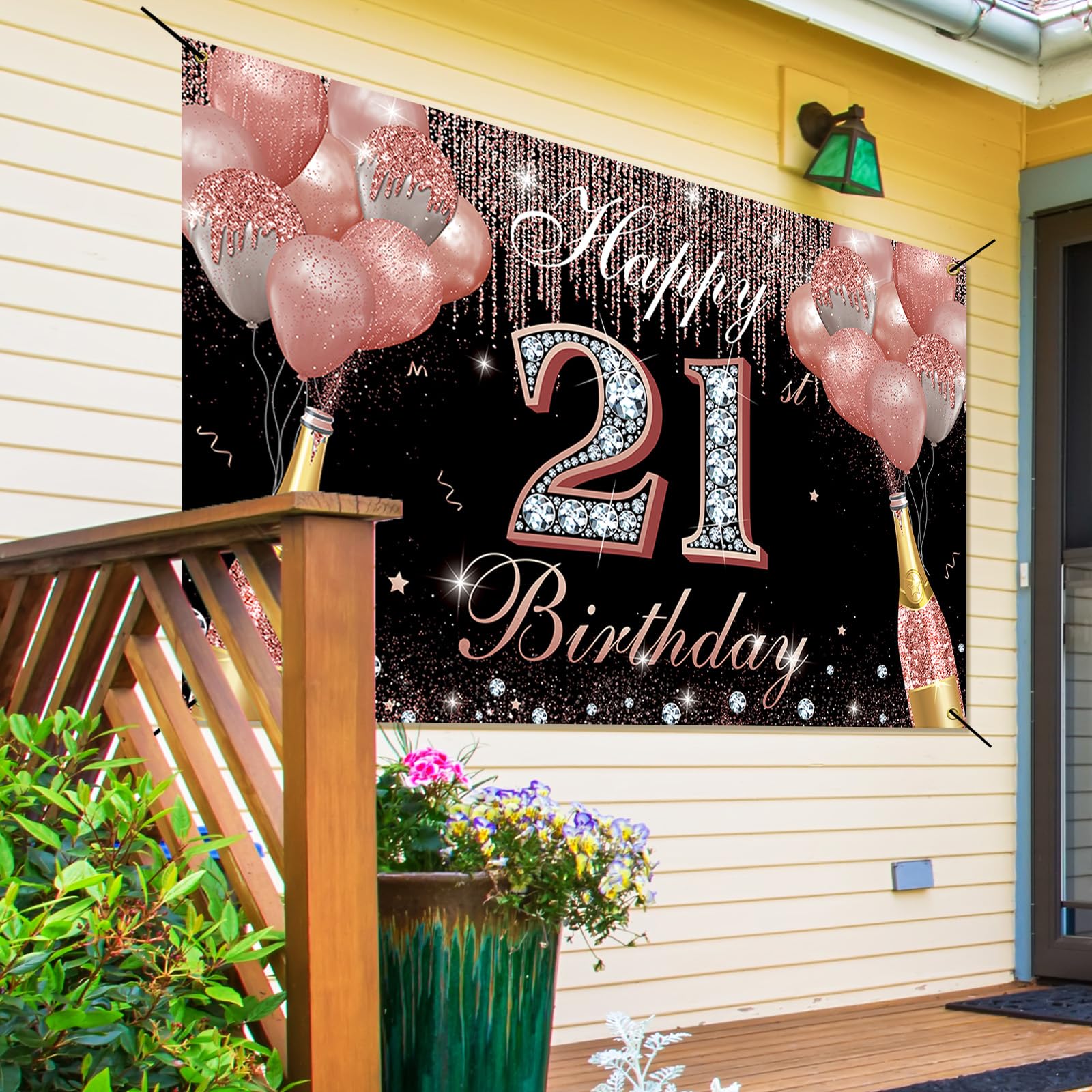 21st Birthday Backdrop Banner - Cheers To 21 Years Black Gold Fabric Banner 6.1x3.6ft