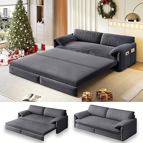 66" Futon Sofa Bed Queen Size, Pull Out Bed, 3-in-1 Convertible Sleeper Sofa with Side Pocket, Modern Velvet Futon Couch for Living Room, Small Space, Apartment, Bedroom, Grey