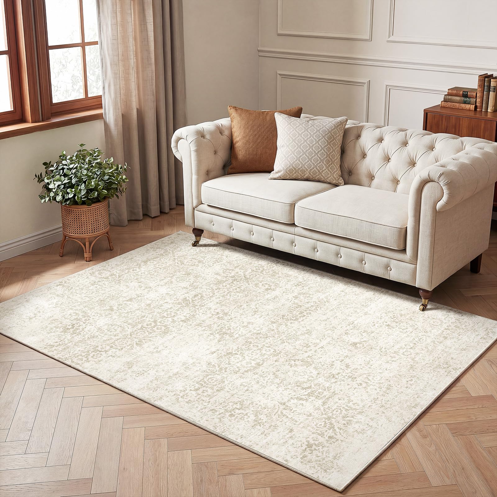Autsel Living Room Rugs 120x160cm, Washable Rug, Non Slip Low Pile Area Rugs, Vintage Rug, Multi-use Durable Floor Carpet for Bedroom, Kitchen, Runner Rugs for Hallway, Vintage Beige