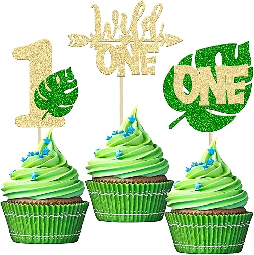 Miniatura 8 de Paquete de 24 adornos para cupcakes de hojas de Monstera con purpurina de safari en la selva, tres púas para cupcakes número 3, decoración de