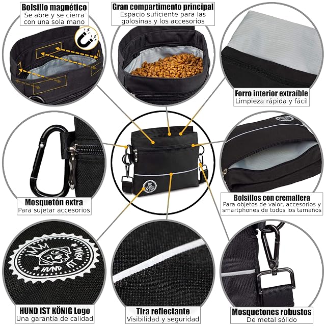 Foto 2 de 7 de Bolsa de premios para perros con bolsillo magnético para una mano, 2 bolsillos con cremallera