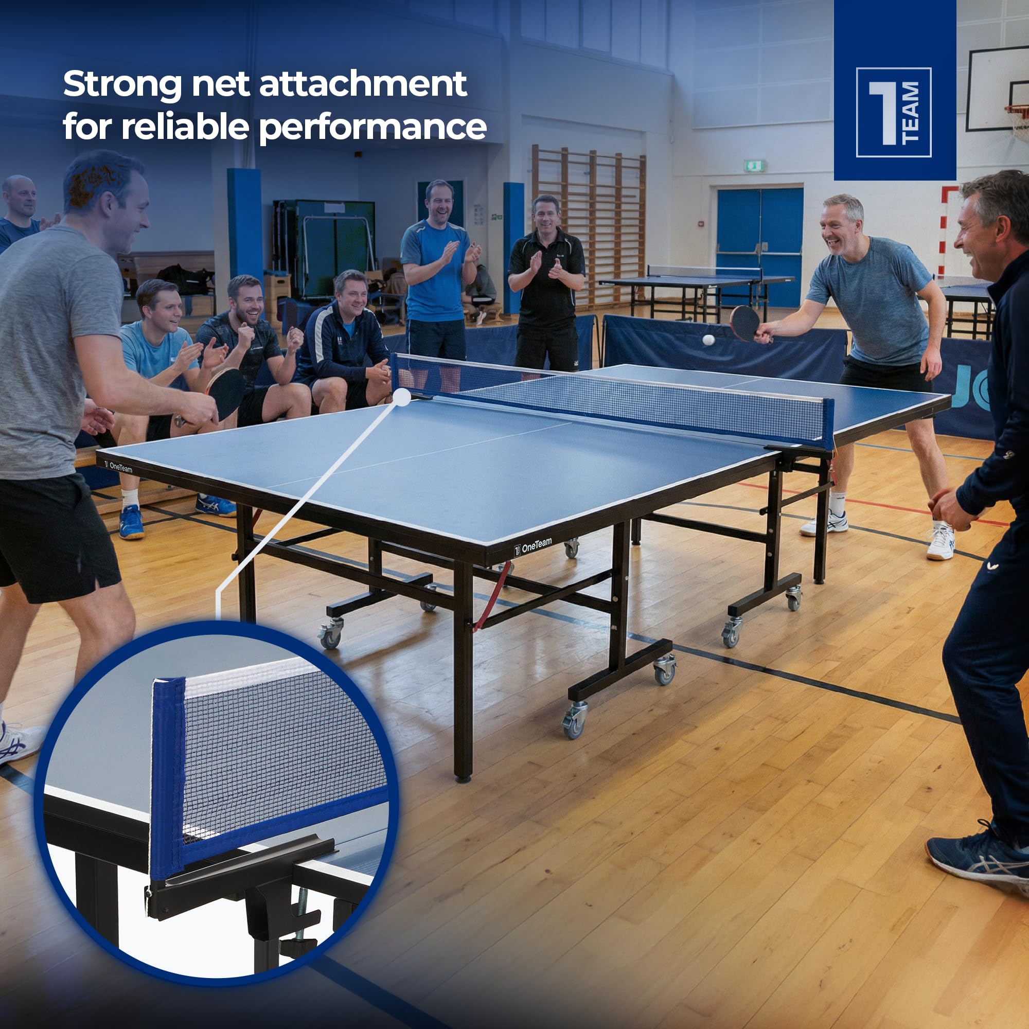 OneTeam Stół do tenisa stołowego, składany, mobilny stół do ping ponga z siatką, 18 mm, płyta MDF, kolor niebieski, wymiary turniejowe 274 x 152 cm, do treningu domowego i dla rodziny
