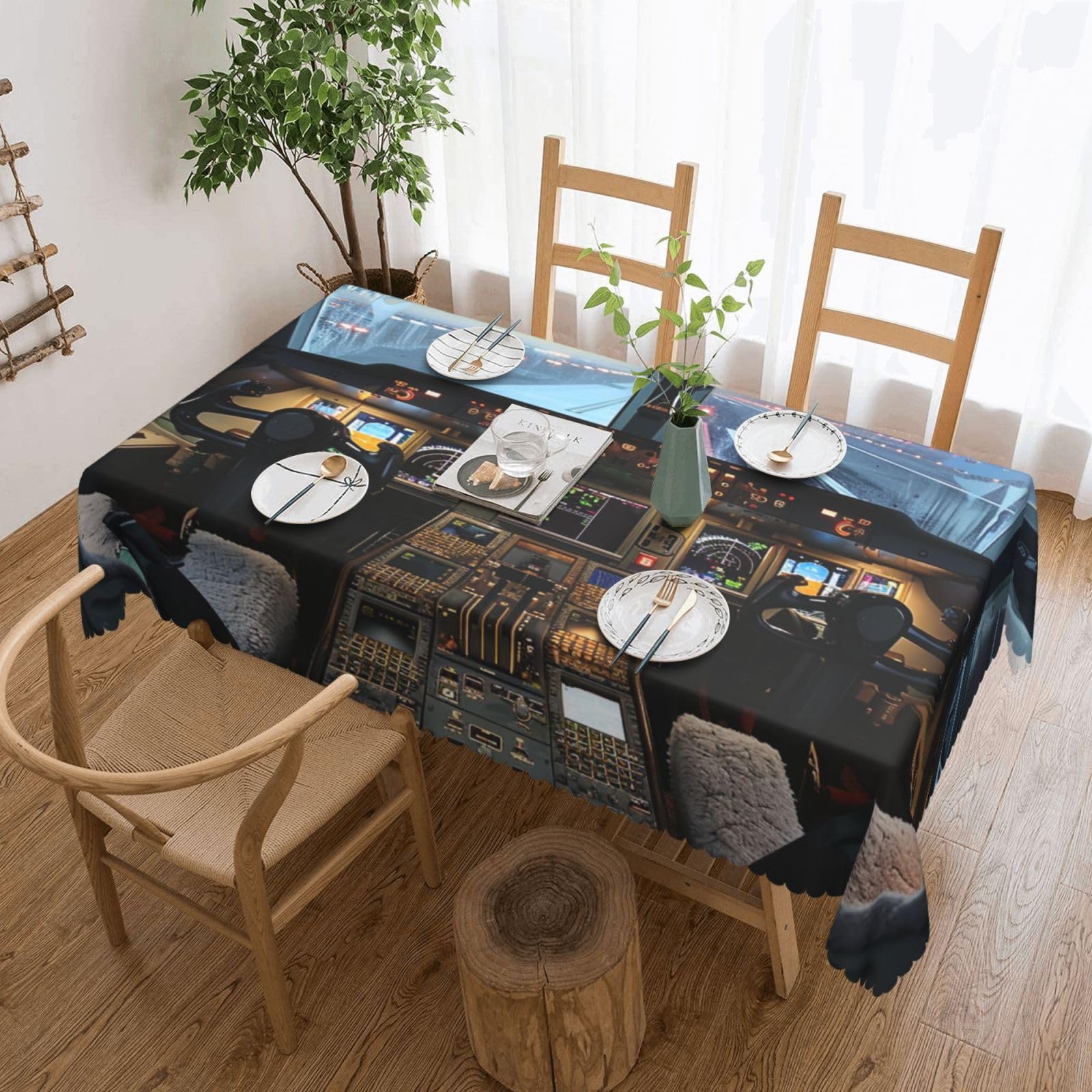 WPKJU Airplane Cockpit Printed Rectangle Tablecloth 72x54 Inch with Lace Trim, Water-Resistant Washable Table Cover for Farmhouse Weddings, Outdoor Picnics & Holiday Dining