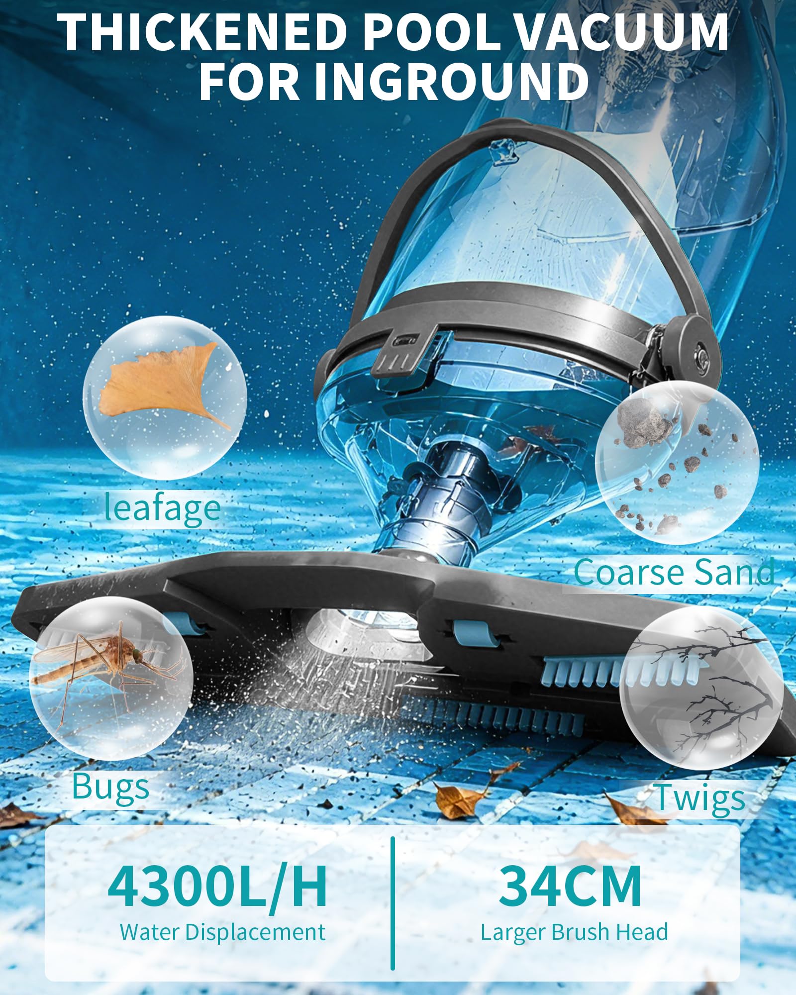 FOTING Aspirapolvere senza fili per piscina fuori terra, 19,5 GPM, testa ad angolo e display LED, aspirapolvere portatile ricaricabile per piscine interrate per vasca idromassaggio, detriti, gradini