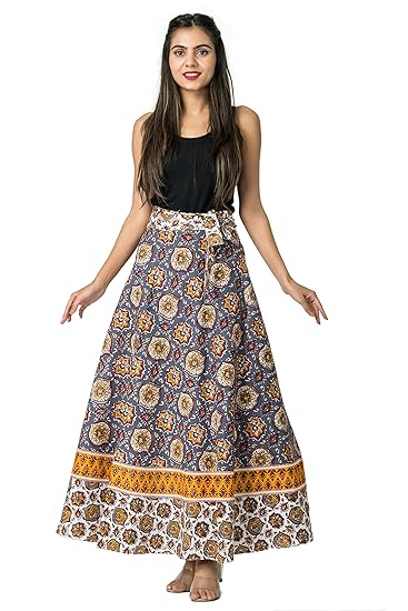 Cotton Women Jaipuri Printed Long Wrap Around Skirt (Free Size Upto 44 -XXL)