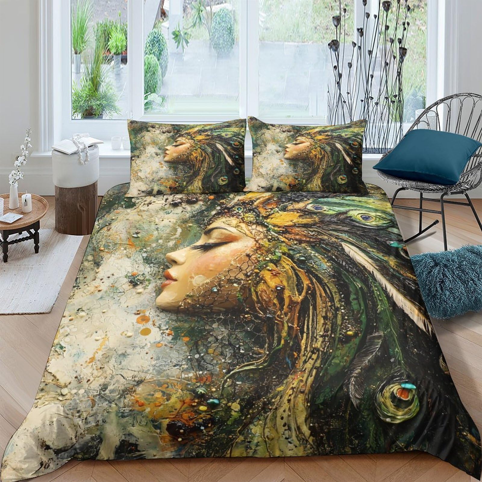 XFKLYNVCJ 3D Printed Peacock woman Duvet Cover Polyester Artistic fantasy portrait Bedding Cover Wrinkle Resistant Fade Resistant Hypoallergenic for All Season Home Bedroom Use Single（140x200cm）
