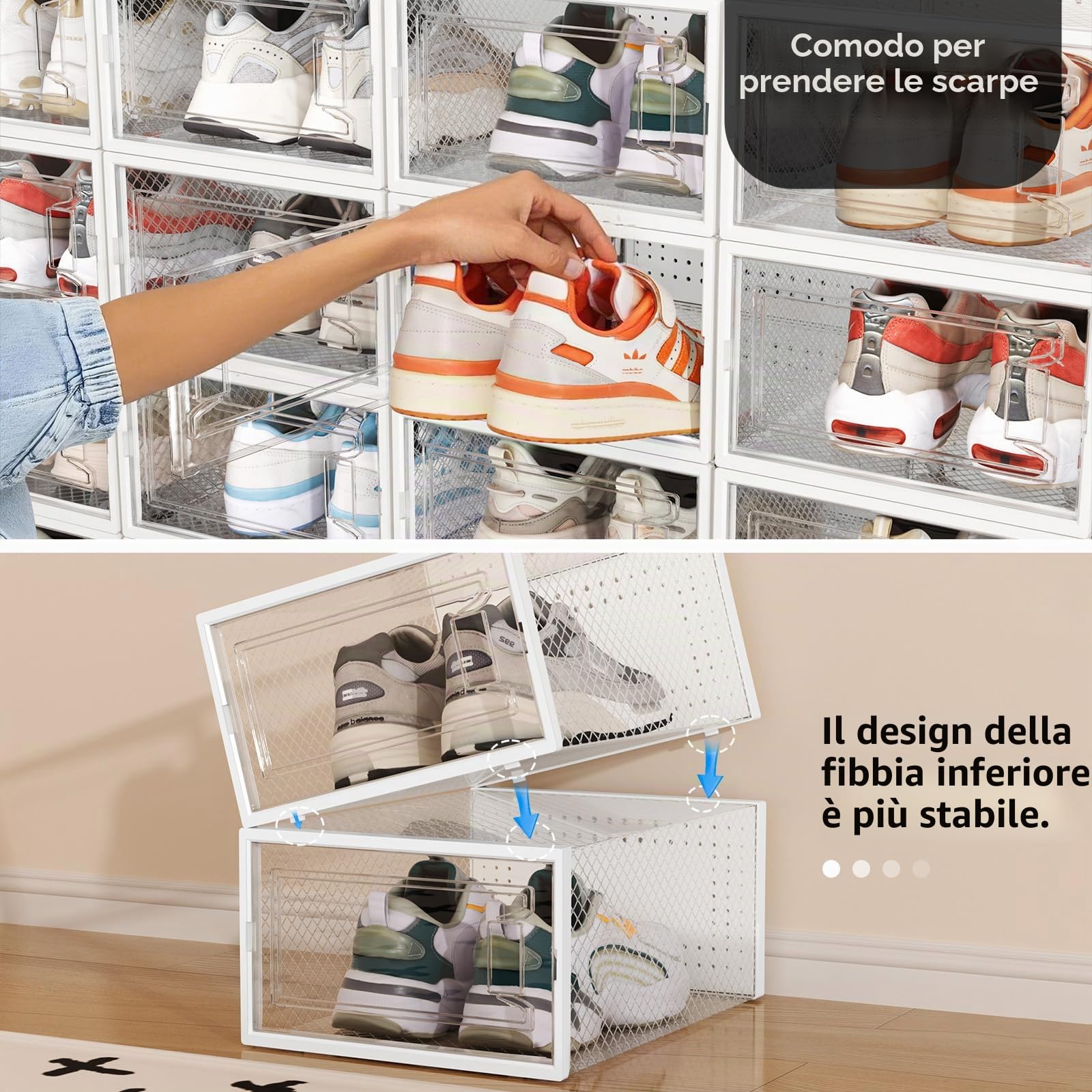 Scatola per scarpe, 12 pezzi, in plastica trasparente, impilabile, scarpiera con ante per donne/uomini, per scarpe, misura UK 9,5 (32,5 x 23 x 13,5 cm, trasparente)