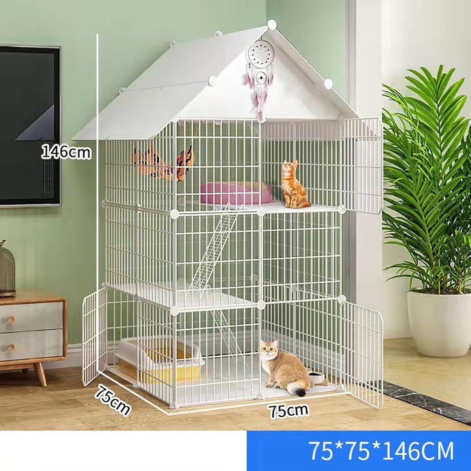 Large Cat Cages Indoor Metal Playpen Detachable Cat Enclosure Large Exercise Place Small Animal House DIY Assembled Cat Crate Portable Cat Villa with Roof (B 75 * 75 * 146Cm)