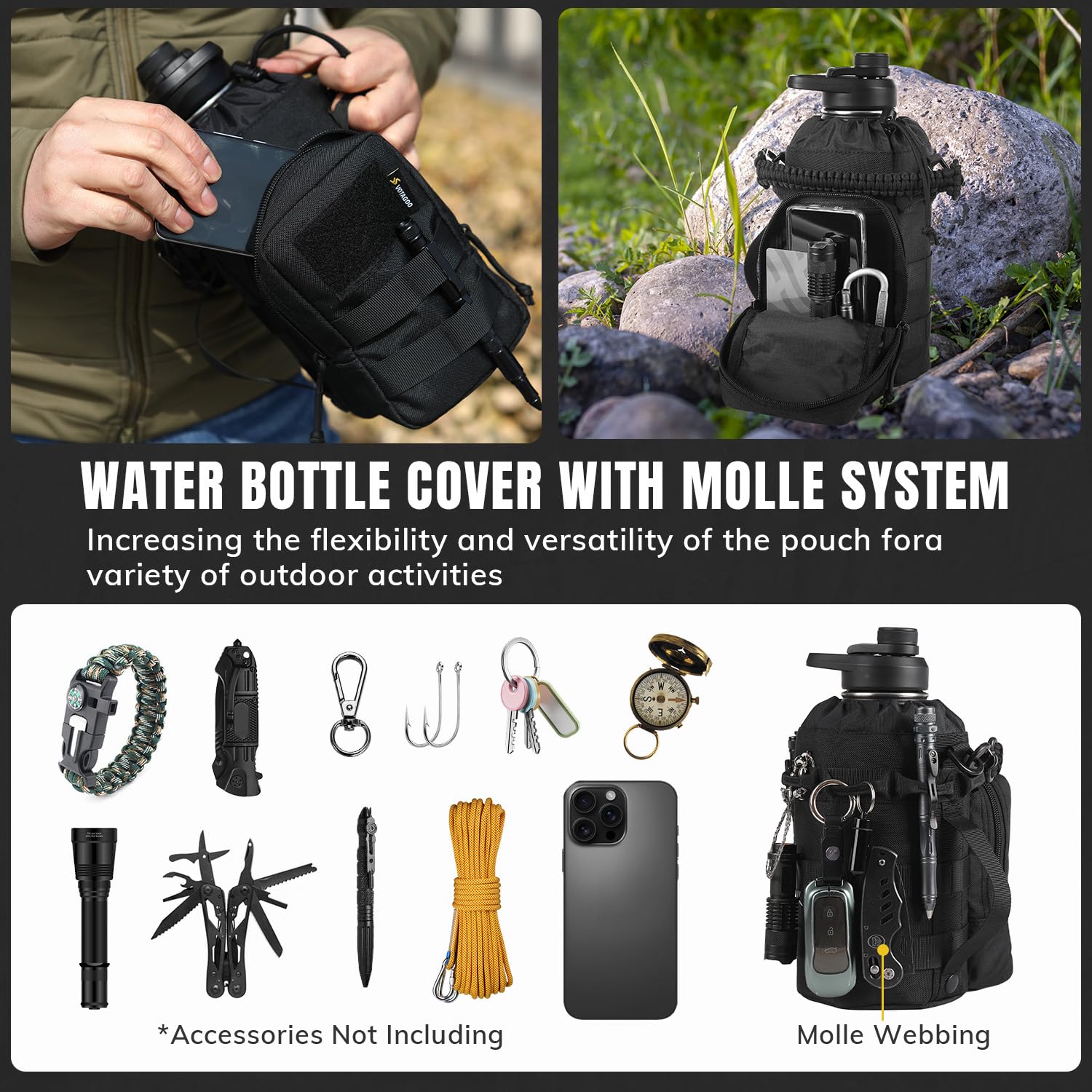 VOTAGOO Taktische Wasserflasche, 1,8 l – Isolierte Wasserflasche aus Edelstahl, Militärflasche aus Metall mit robuster, abnehmbarer Hülle, taktische Tragetasche für Wandern, Camping, Jagd
