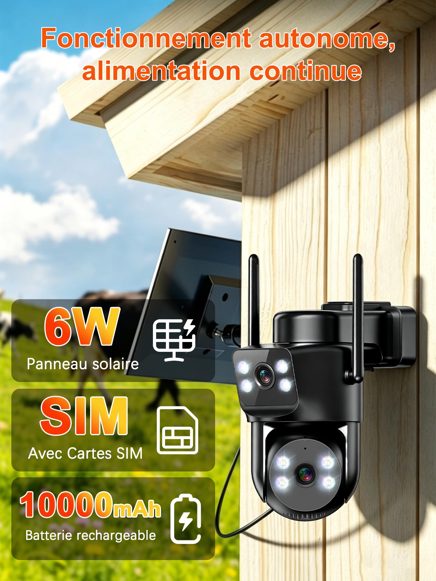 4G LTE Cámara de vigilancia con doble lente con tarjeta SIM, AOV 24/7, seguimiento automático, cámara solar exterior+batería, detección de movimiento, visión nocturna color, audio bidireccional, 4K HD