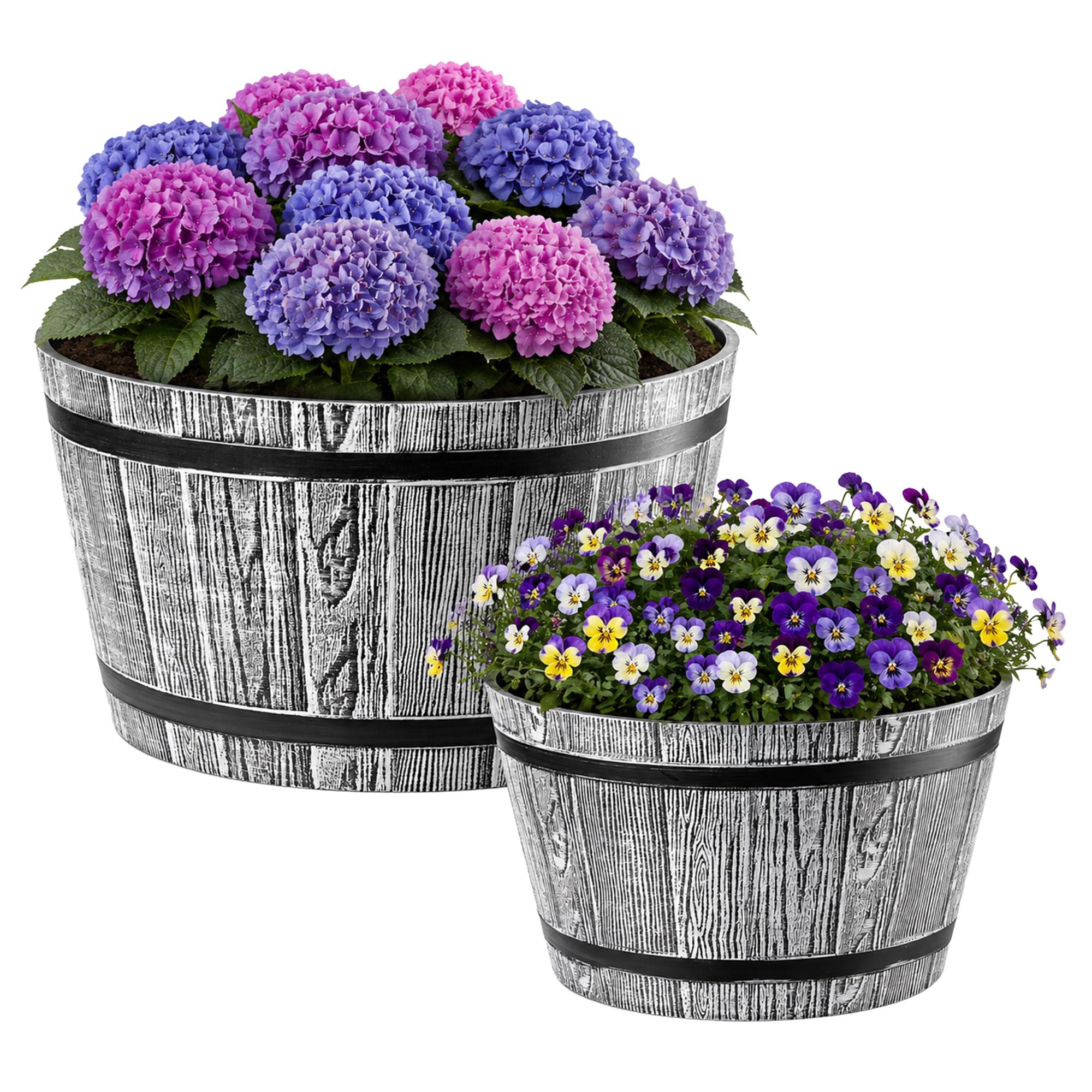 KADAX Grandi Vasi a Forma di Barile per Piante da Esterno, Vasi Decorativi in Plastica dall'Aspetto Naturale di Legno (Grigio Chiaro, Set di 2: 30 e 40 cm, ca. 10-25L)