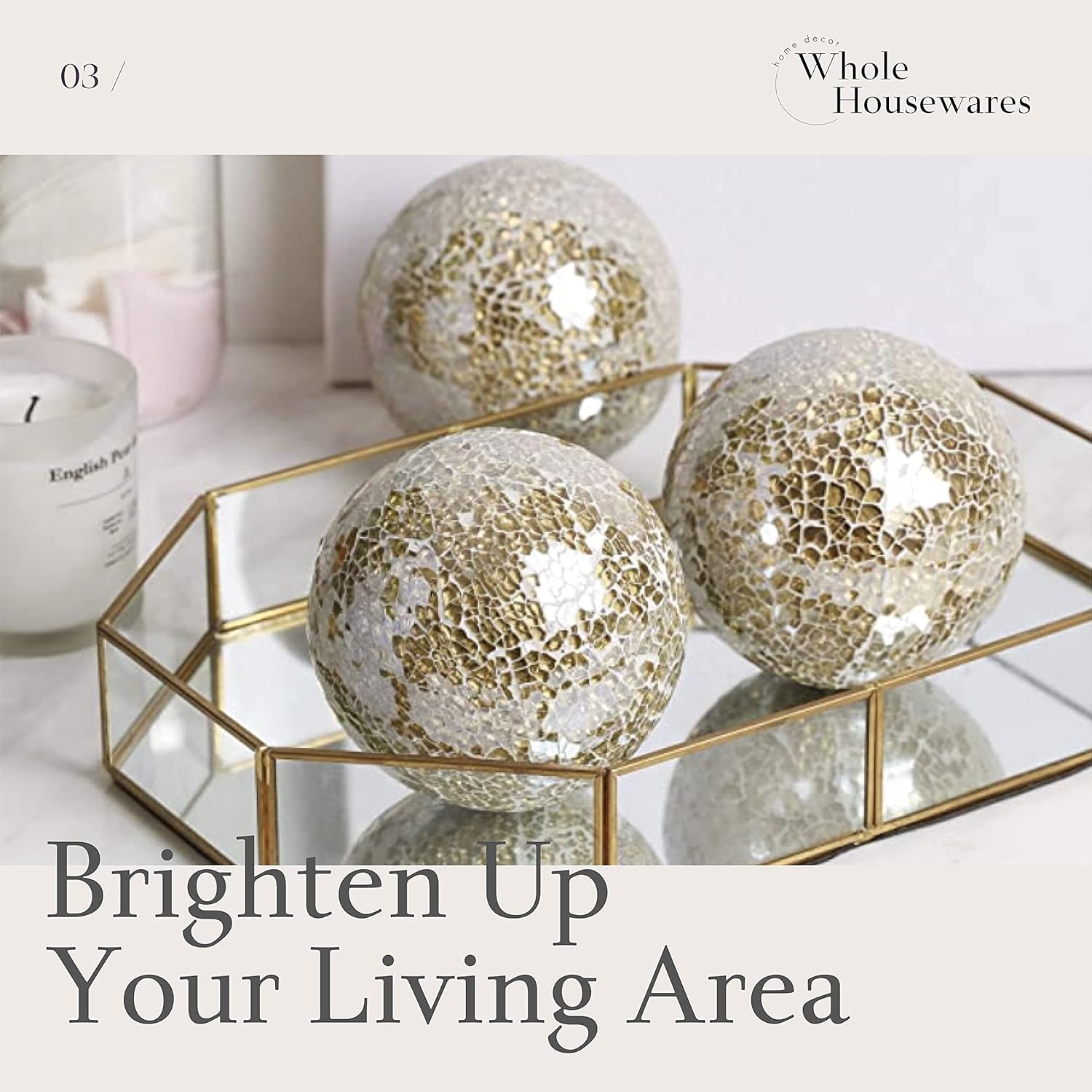 Decorative Orbs Set of 3 Glass Mosaic Sphere Balls Diameter 4" for Bowls, Vases and Table Centerpieces. (Gold) : Home & Kitchen