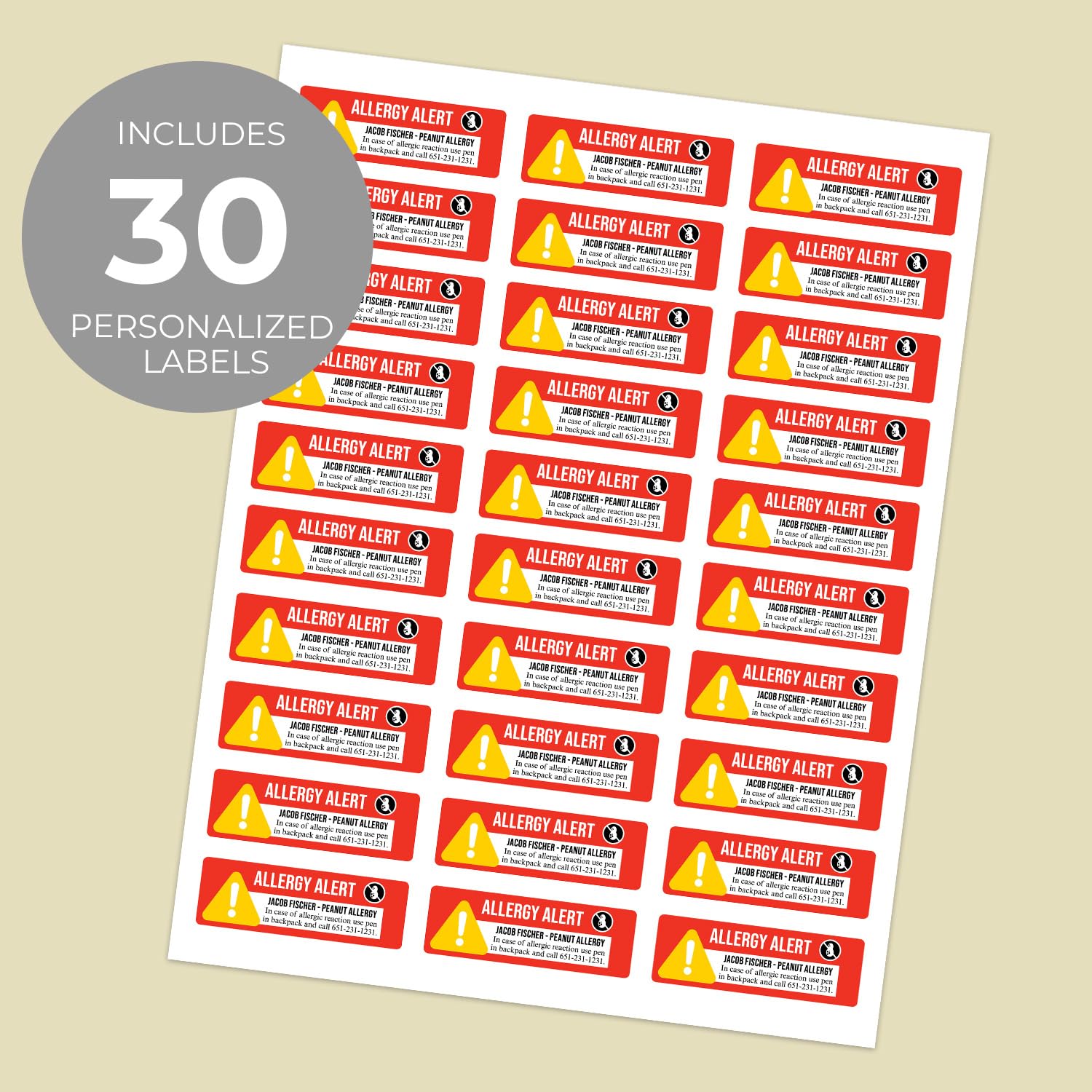 Personalized Peanut Allergy Alert Sheeted Medical Labels /30 Customized Stickers / 2.2
