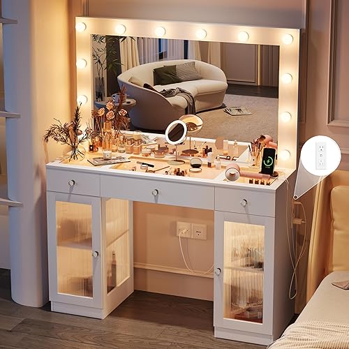 Vanity Desk with Large Mirror and Lights, Glass Top Makeup Vanity with Lights & Power Outlet for Bedroom, 3 Color Lighting Modes, White Dressing Table for Women