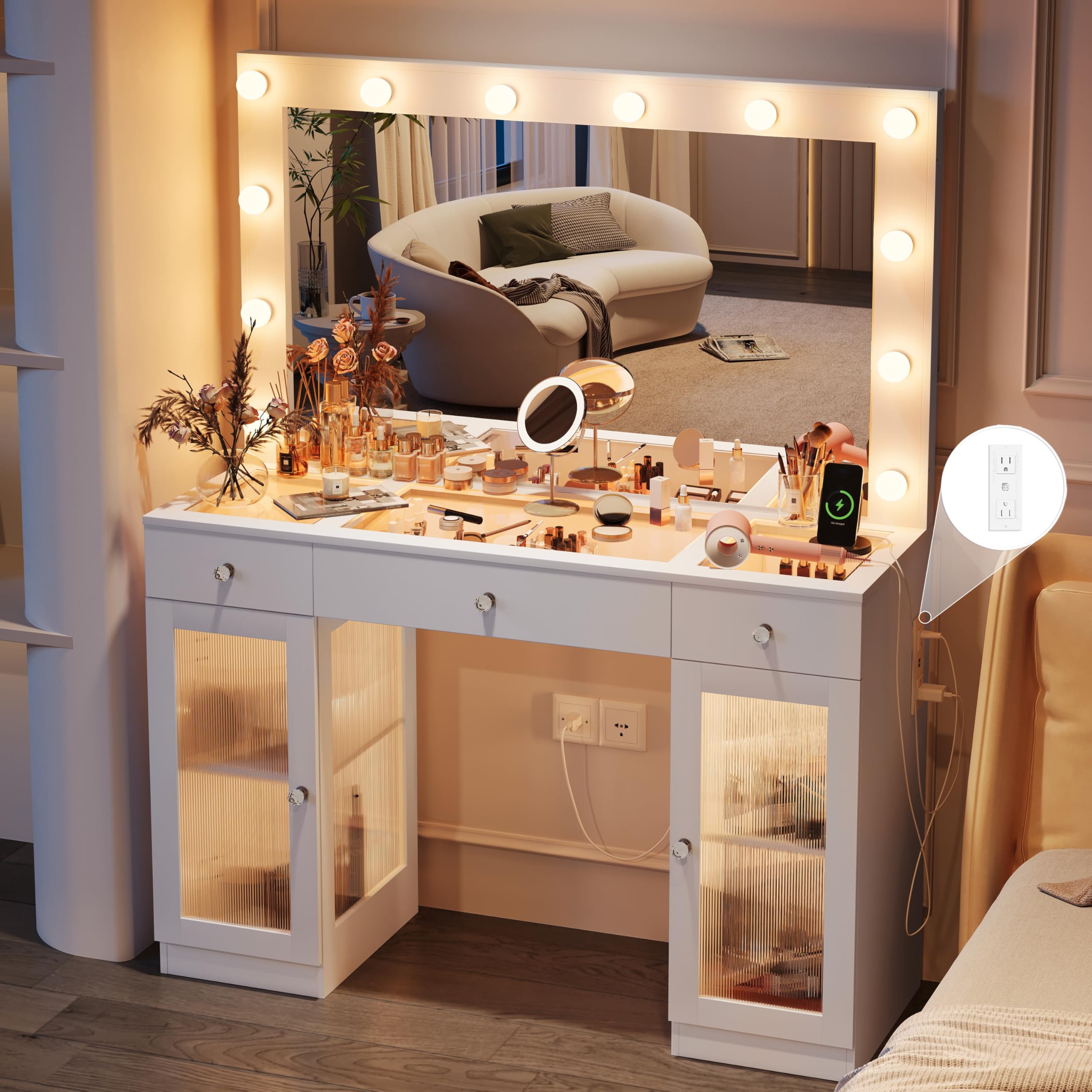 IFSEB Vanity Desk with Large Mirror and Lights, Glass Top Makeup Vanity with Lights & Power Outlet for Bedroom, 3 Color Lighting Modes, White Dressing Table for Women, Girls