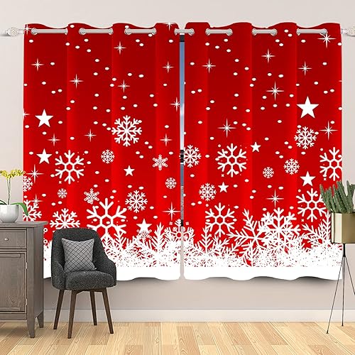 Renaiss Cortinas de Navidad de 29 pulgadas de ancho x 45 pulgadas de largo, juego de 2 paneles de copos de nieve blancos para invierno, nieve,