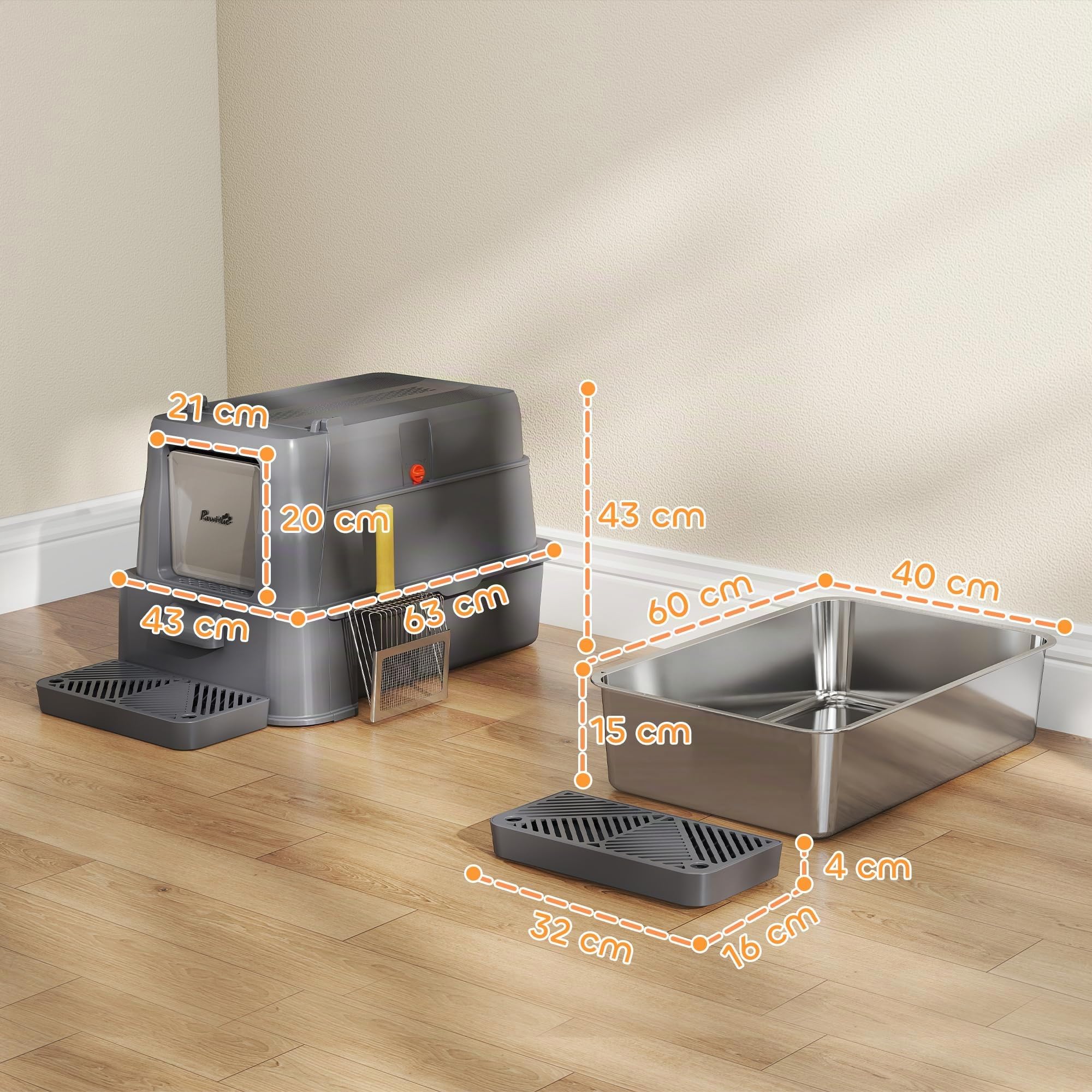 PawHut Lettiera per Gatti Chiusa XXL in Acciaio Inox, 3 in 1 Toilette per Gatti 80L con Coperchio Ribaltabile 180°, Pedale e Paletta, Antiaderente, Antiodore, Facile da Pulire, Grigio Scuro