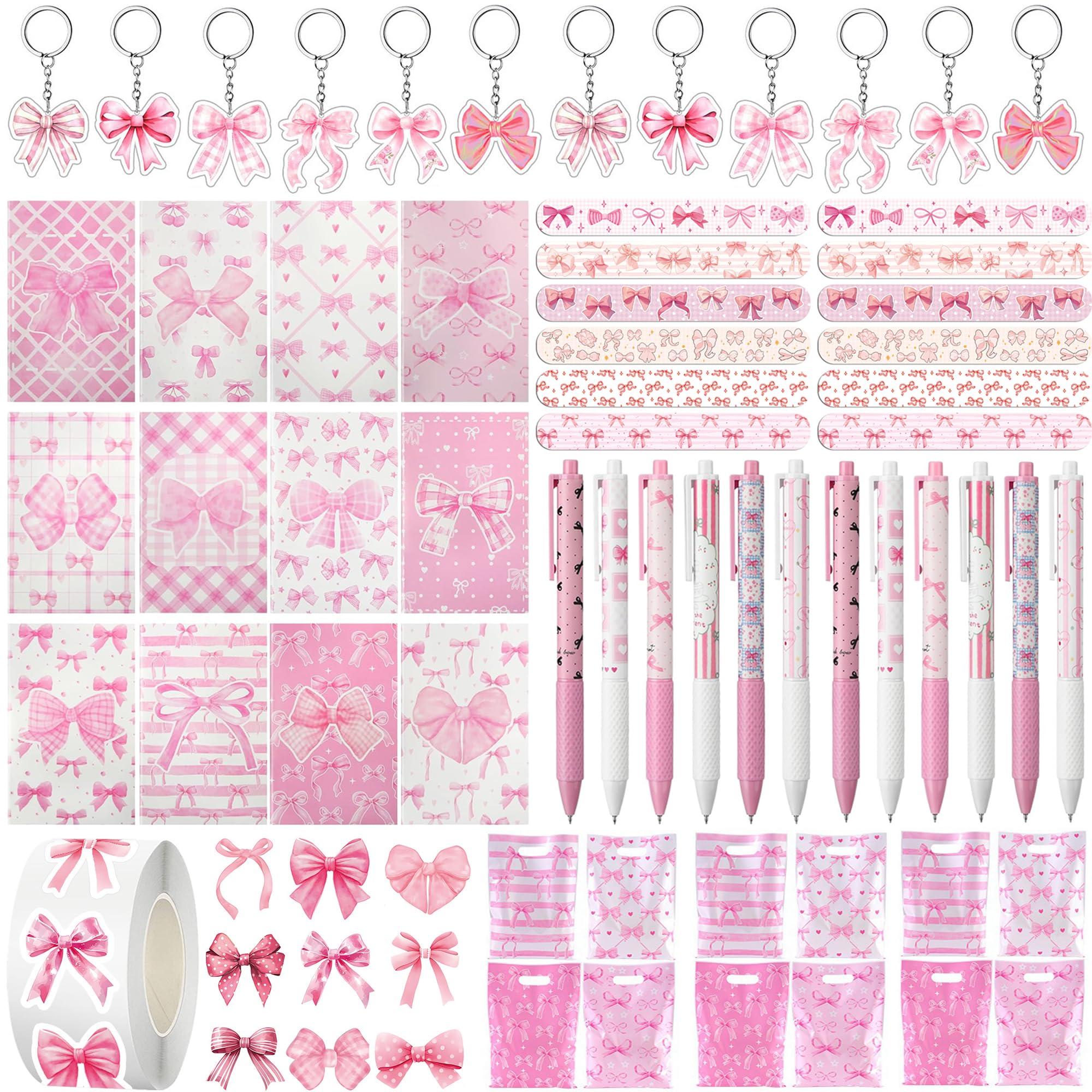 Augweyang Pink Bow Party Gifts with Mini Notepads Ballpoint Pens Slap Bracelet Keychains Stickers and Goodie Bags for Coquette Bow Themed Birthday Party Supplies Decorations Rewards 12 Guests