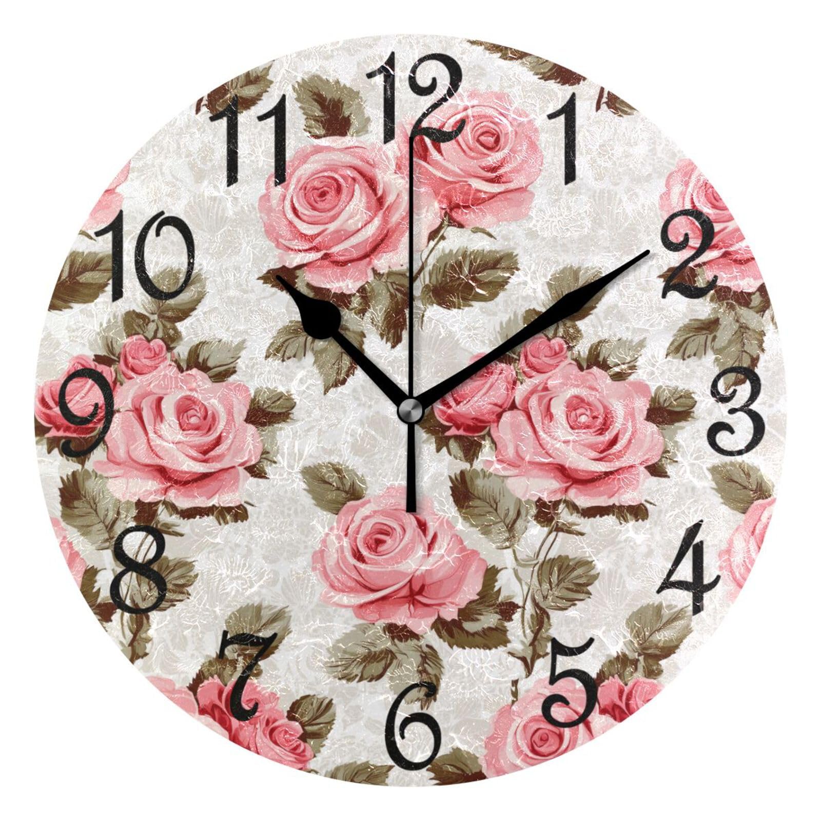 Horloge murale ronde décorative à quartz avec roses peintes pour salon et classe 25cm